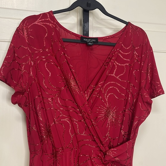Perceptions New York Women’s Red Glitter Floral Midi Dress Fit Flare Size XL - Picture 2 of 11